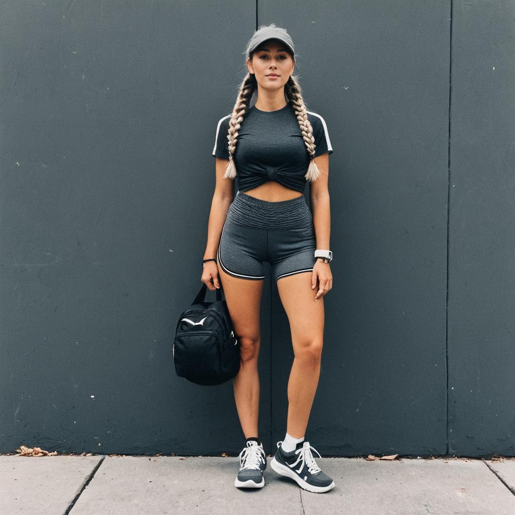 Young Woman in Athletic Wear Standing Against Gray Wall with Gym Bag