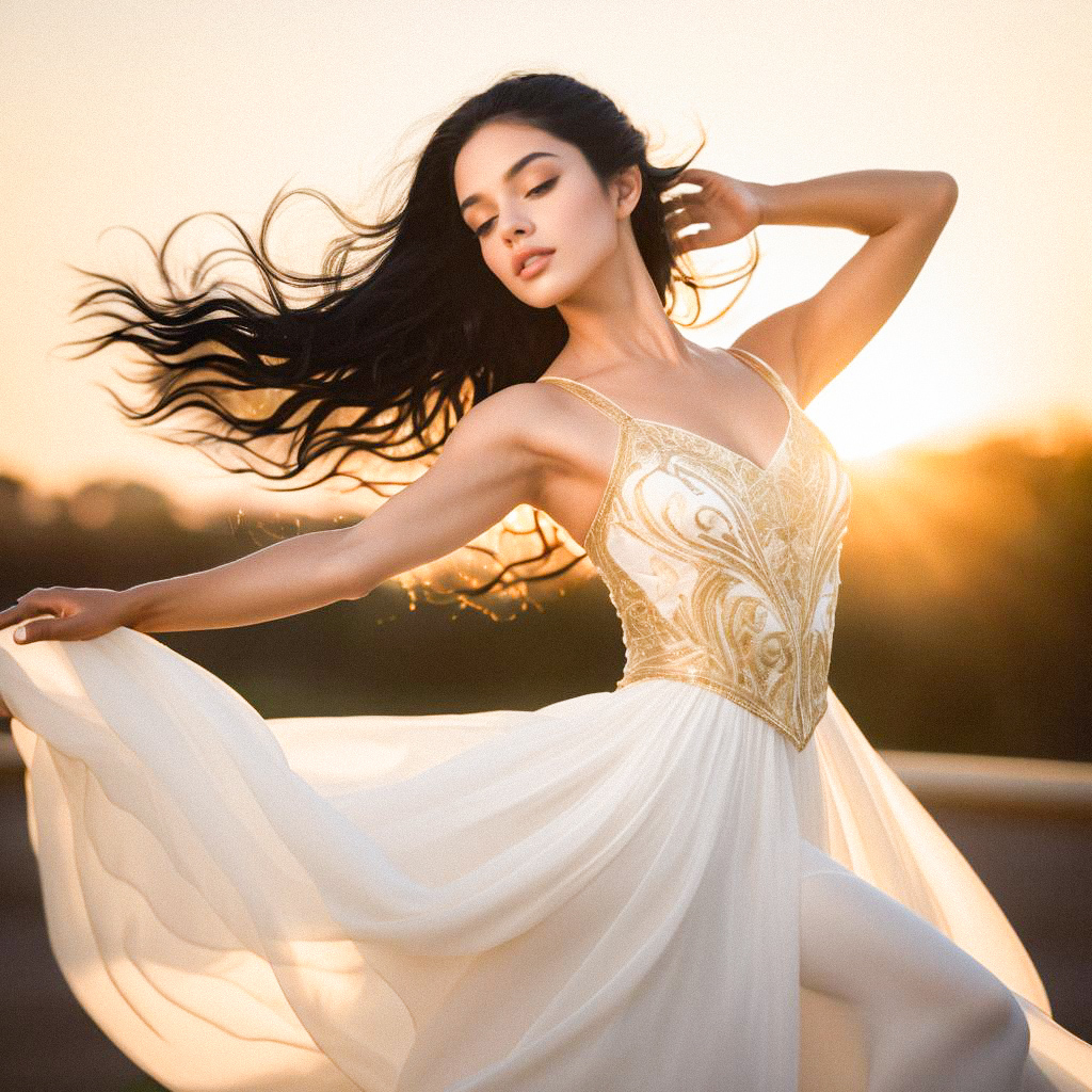 Elegant Woman Dancing at Sunset