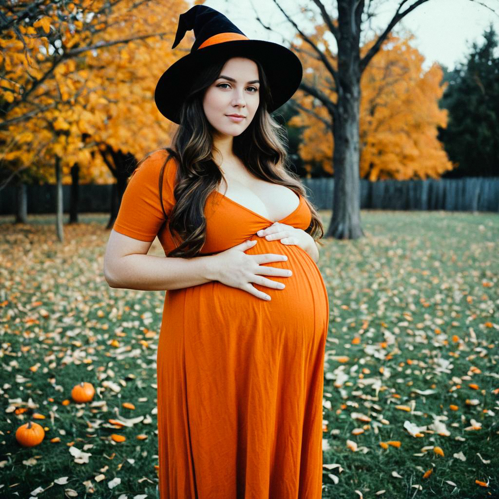 Pregnant Woman in Orange Dress with Witch Hat in Fall Setting Pregnant Woman in Orange Dress with Witch Hat in Fall Setting