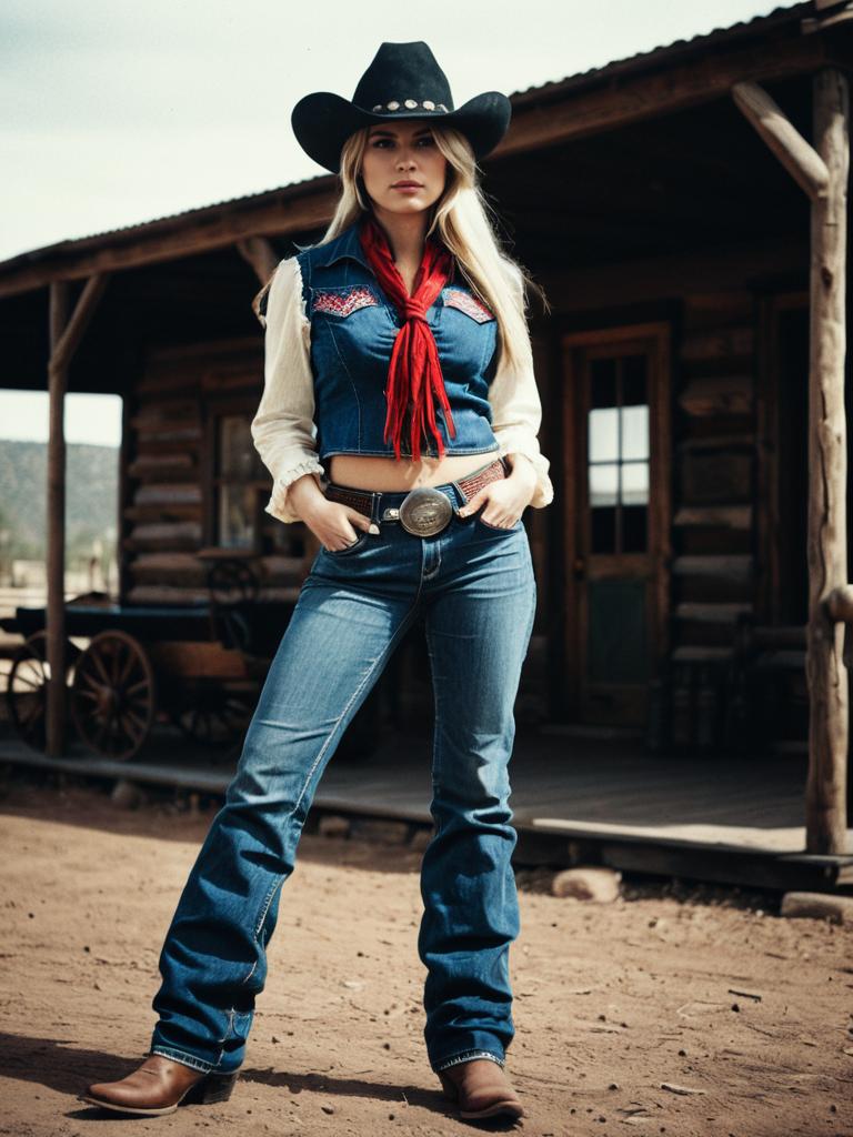 Woman in Cinematic Realism Cowgirl Outfit with Jeans and Hat in Western Setting