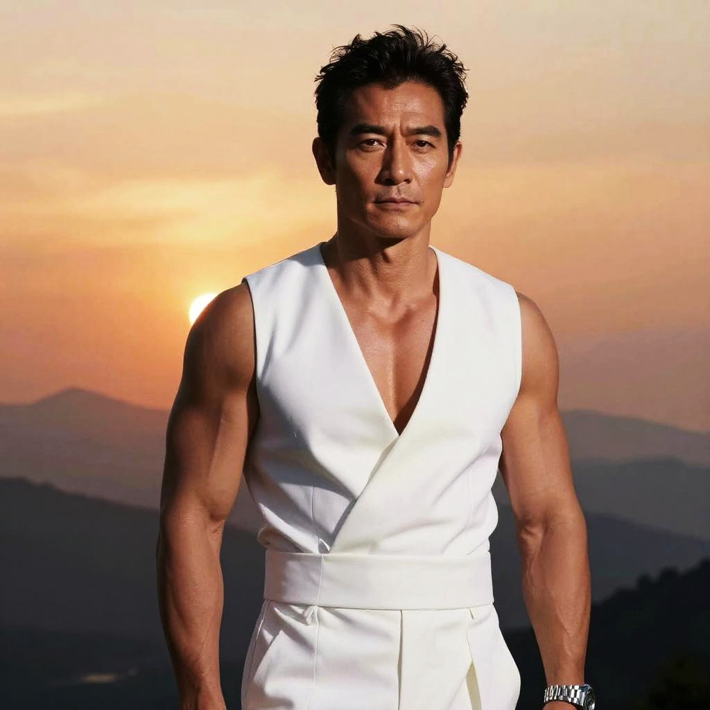 Muscular Man in White Fashion Outfit at Sunset with Mountain Background