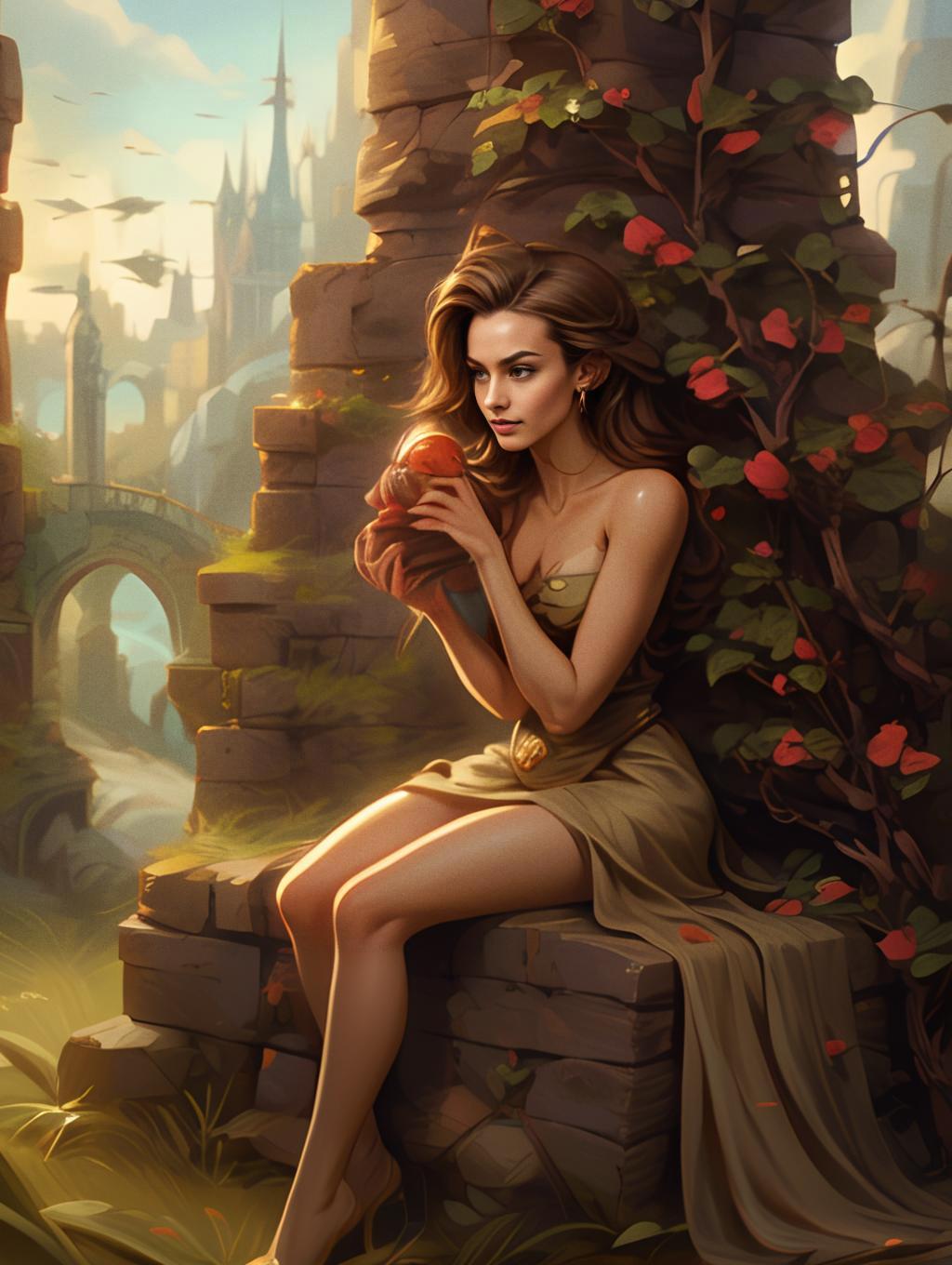 Fantasy Woman Sitting on Ancient Ruins Holding a Bird in Magical Castle Landscape