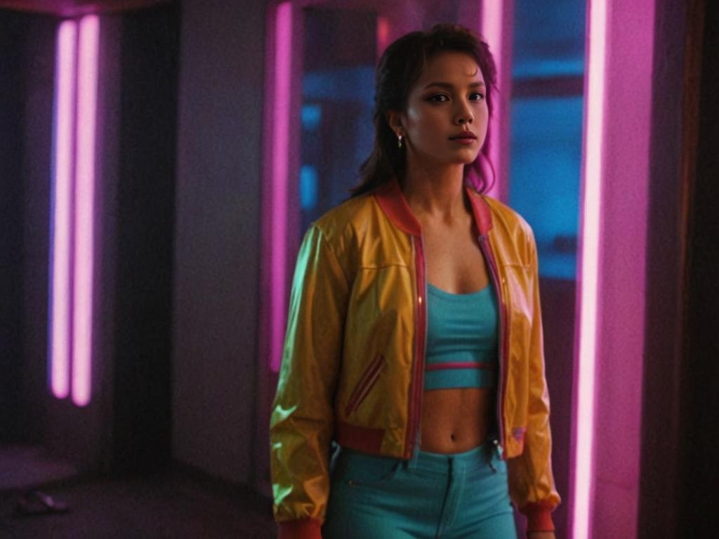 Confident Woman in Neon 80s Style