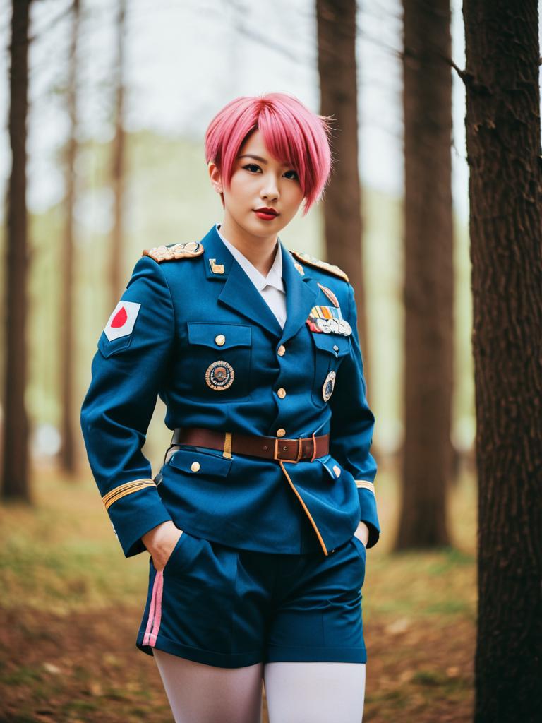 Woman in Japanese-Inspired Military Uniform with Pink Hair Standing in Forest