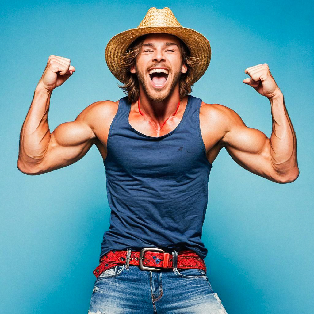 Muscular Man Flexing in Straw Hat