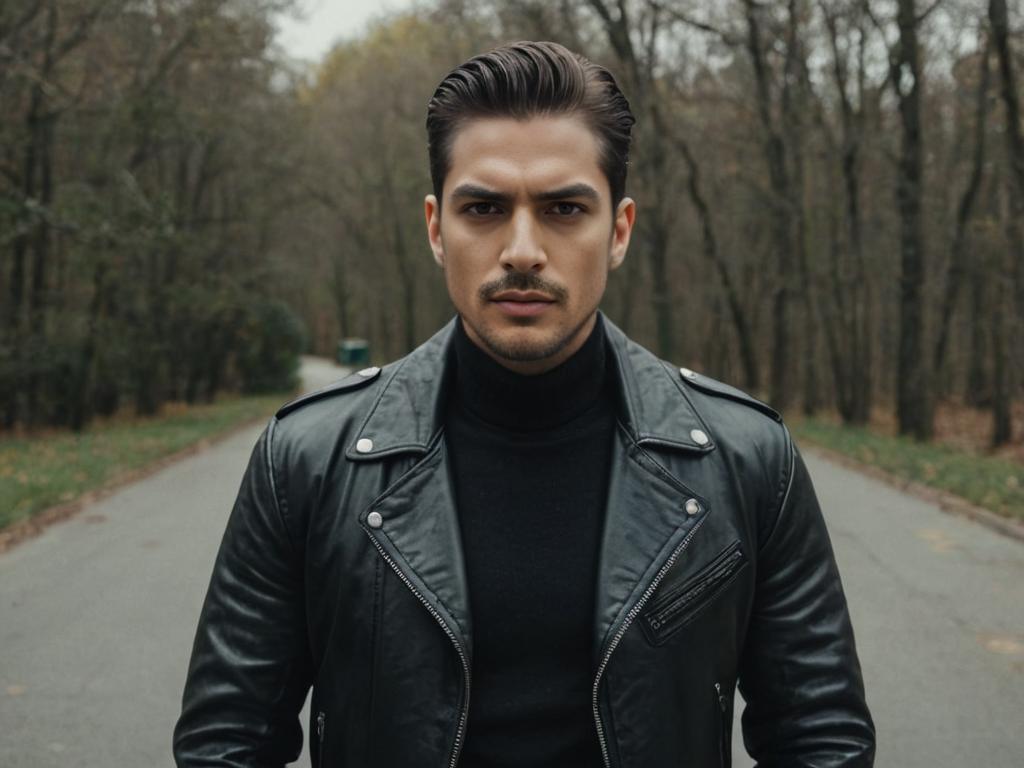 Confident Man in Leather Jacket on Scenic Road