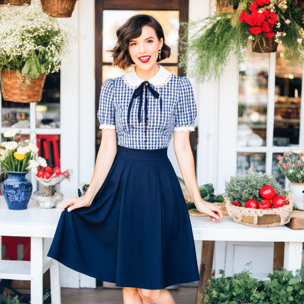 Stylish Woman Outside Rustic Shop with Flowers Stylish Woman Outside Rustic Shop with Flowers
