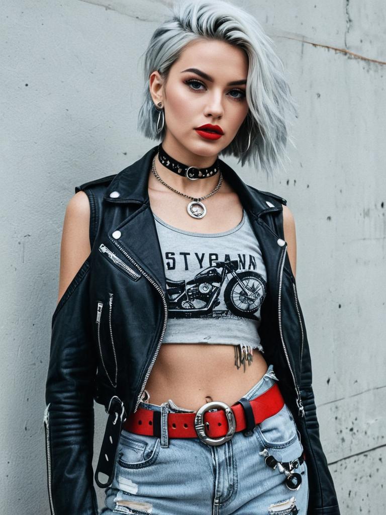 Woman in Edgy Streetwear Cropped Tank Top with Eyelash and Lips Graphic