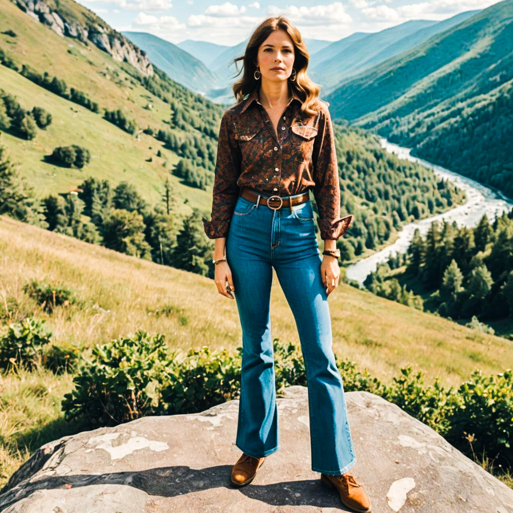 Confident Woman on Rock in Vintage Outfit