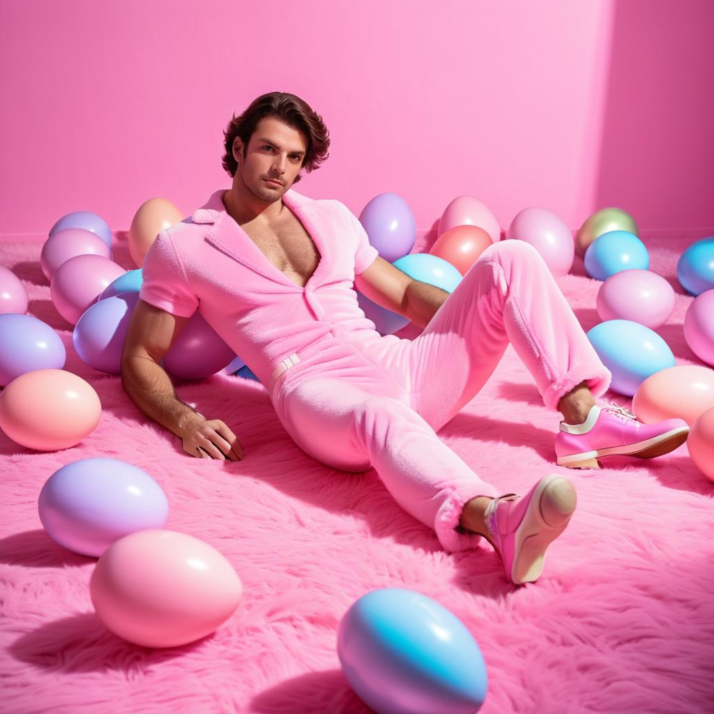 Stylish Man on Pink Carpet with Pastel Eggs