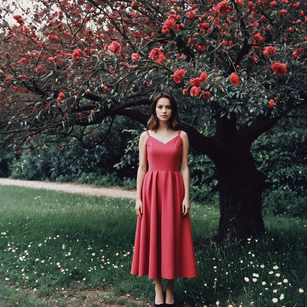 Woman in Pink Dress Under Blooming Tree