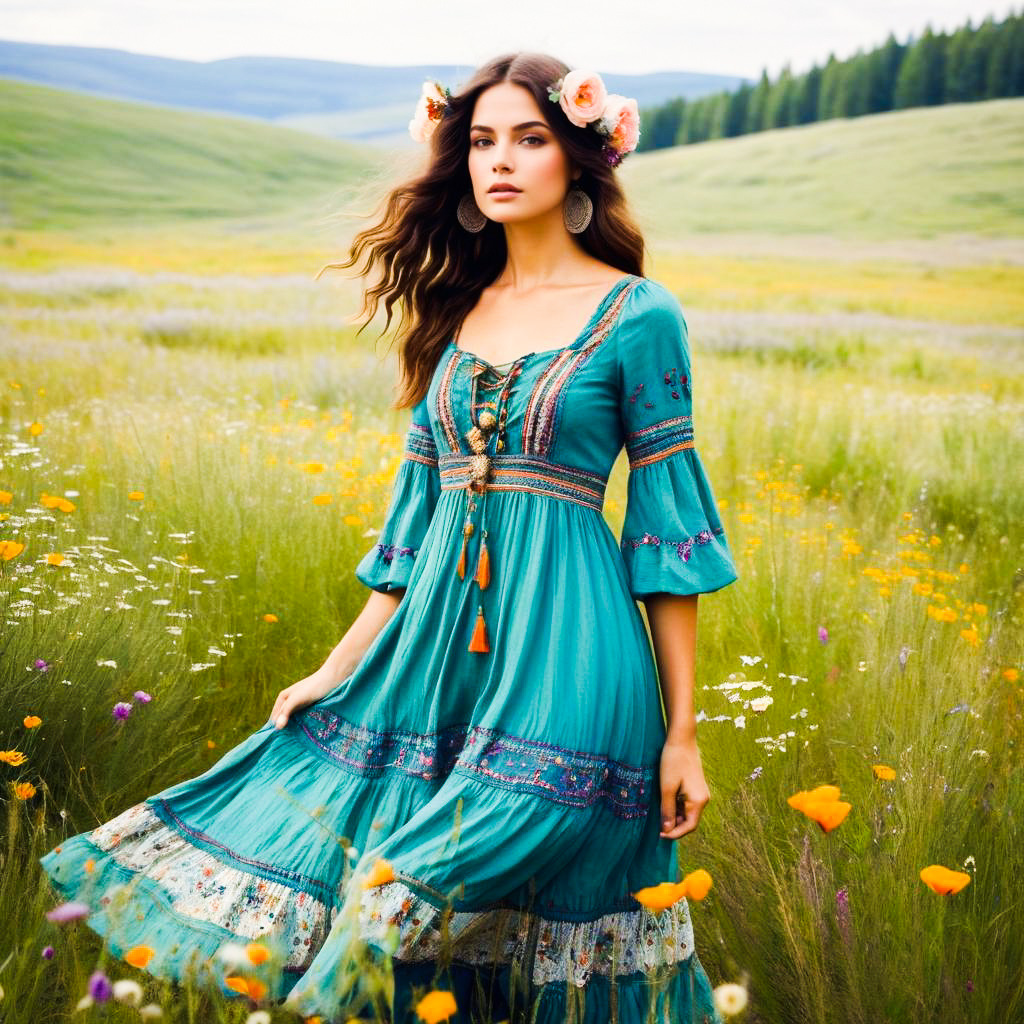 Woman in Turquoise Dress in Meadow