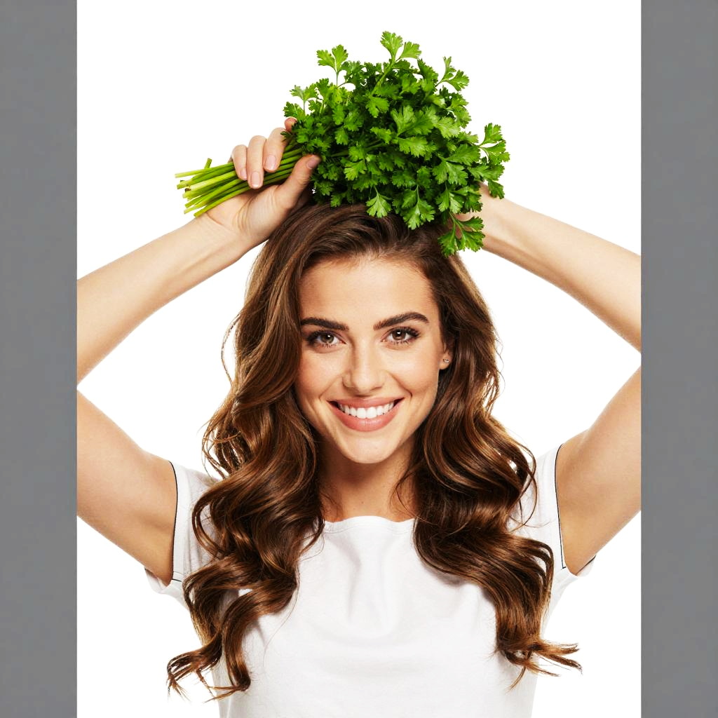 Young Woman Holding Fresh Parsley Above Head Smiling Brightly