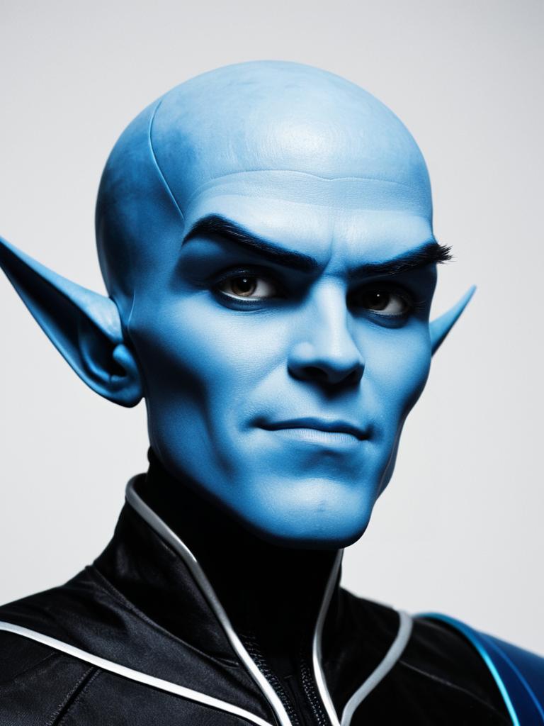 Photorealistic Megamind Cosplay Headshot of Man in Studio