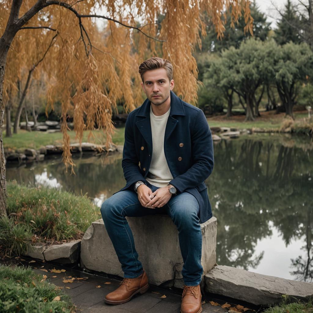 Thoughtful Man by Tranquil Autumn Pond