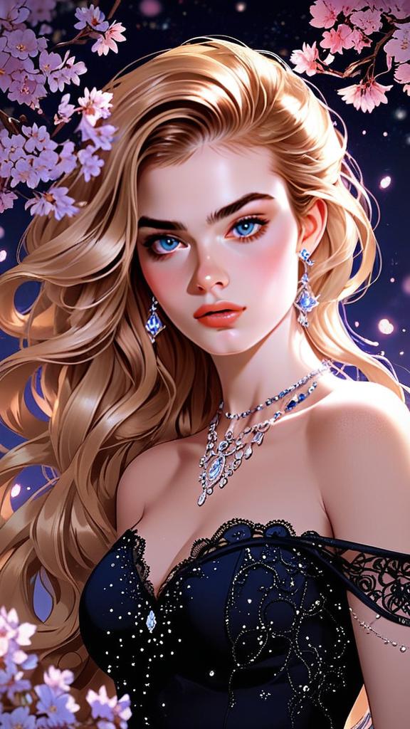 Elegant Woman with Blonde Hair and Blue Eyes in Black Dress