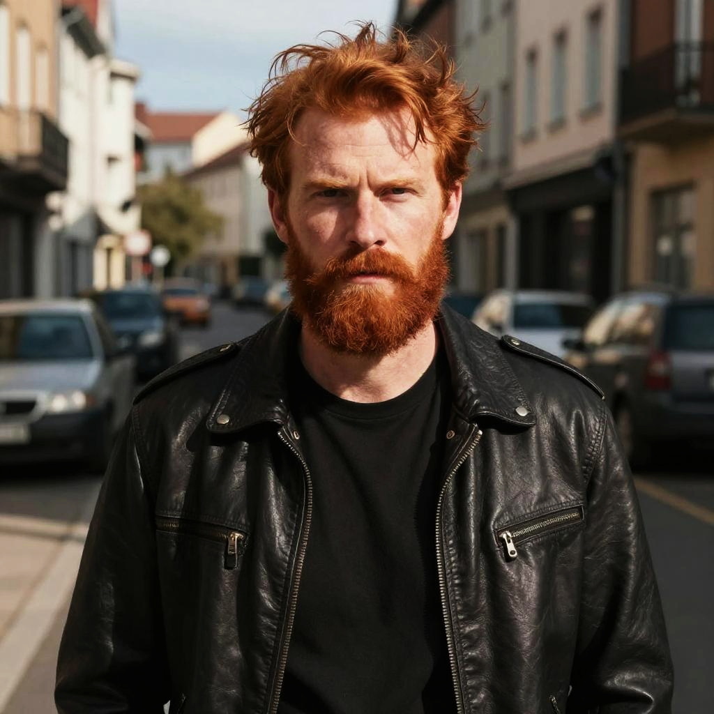 Portrait of Red-Haired Man in Black Leather Jacket on Urban Street