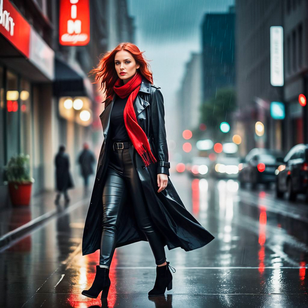 Confident Woman in Black Leather Coat and Red Scarf on Rainy City Street Confident Woman in Black Leather Coat and Red Scarf on Rainy City Street