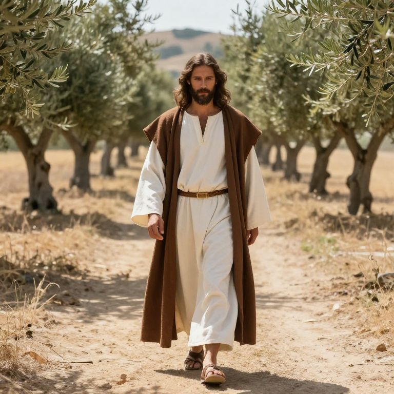 Man Walking Through Olive Grove in Biblical Attire