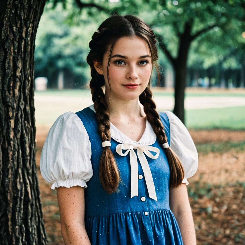 Young Woman in Vintage Blue Dress by Tree