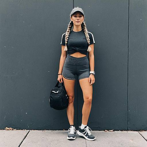 Young Woman in Athletic Wear Standing Against Gray Wall with Gym Bag