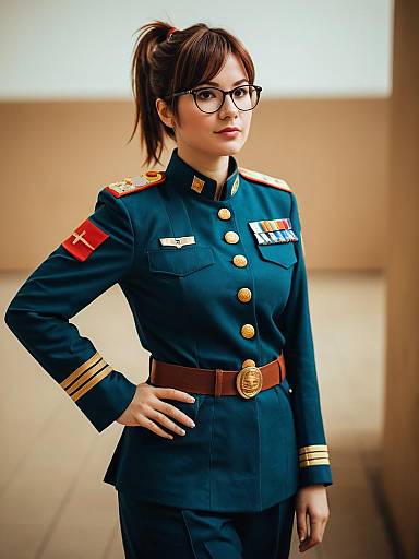Woman in Formal Military Uniform with Medals and Glasses