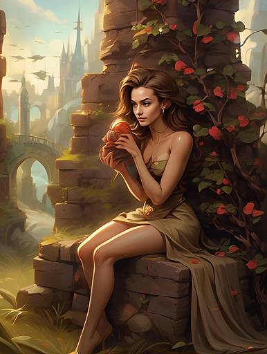 Fantasy Woman Sitting on Ancient Ruins Holding a Bird in Magical Castle Landscape