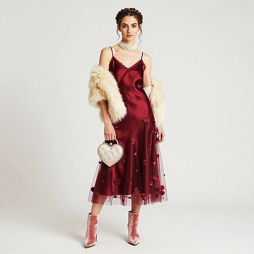 Elegant Woman in Wine Red Satin Slip Dress with Fur Stole and Heart Handbag