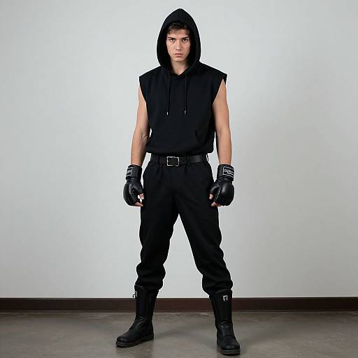 Confident Young Man in Black Sleeveless Hoodie and Boxing Gloves