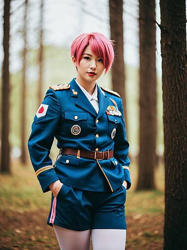 Woman in Japanese-Inspired Military Uniform with Pink Hair Standing in Forest