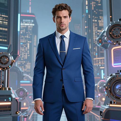 Man in Blue Suit in Futuristic Cityscape