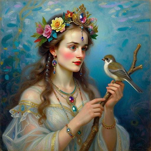 Elegant Young Woman with Floral Crown and Bird in Classical Portrait Style
