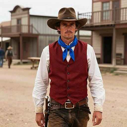 Western Cowboy Man in Classic Outfit with Hat and Vest in Old Town