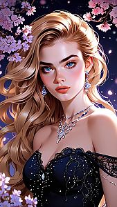 Elegant Woman with Blonde Hair and Blue Eyes in Black Dress