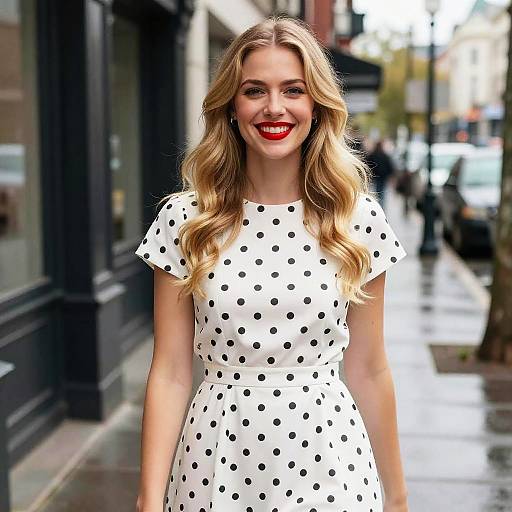 Smiling Woman in White Polka Dot Dress on City Street