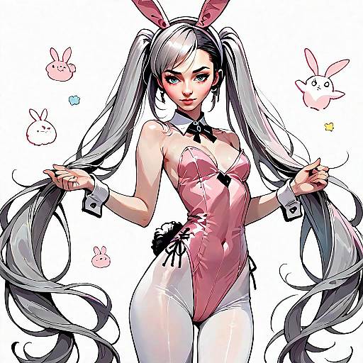 Anime Style Woman in Pink Bunny Costume with Long Silver Hair and Playful Bunny Characters