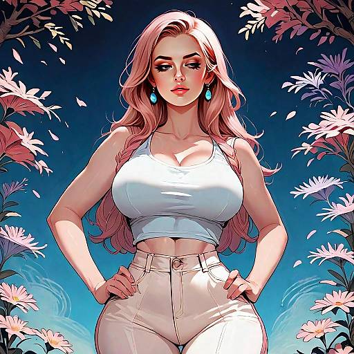 Confident Woman with Pink Hair in Anime Style Floral Digital Art