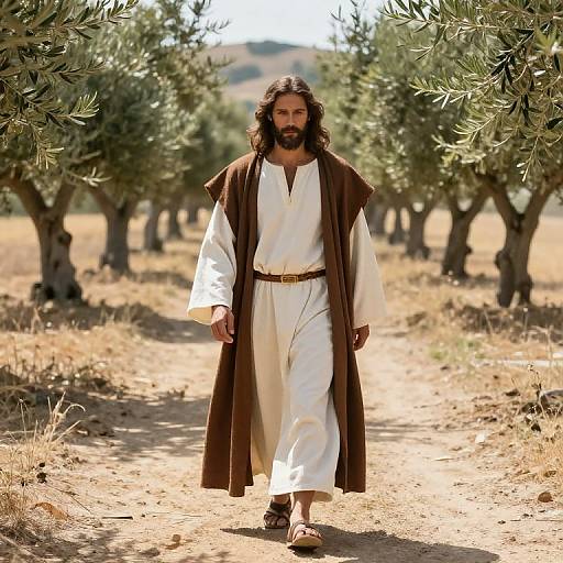 Man Walking Through Olive Grove in Biblical Attire