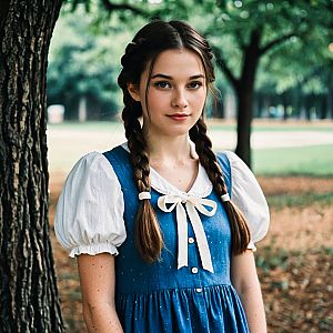 Young Woman in Vintage Blue Dress by Tree