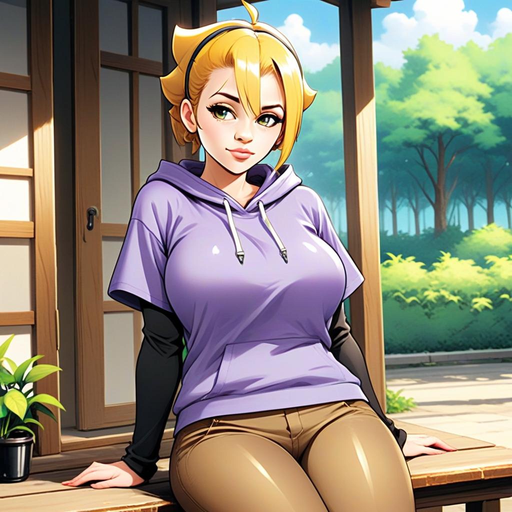 Anime Style Young Woman in Casual Outfit Sitting Outdoors on Wooden Bench