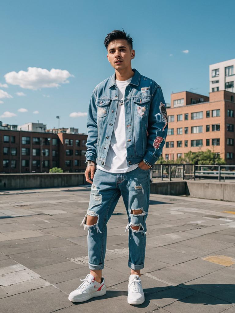 Stylish man in denim jacket and ripped jeans