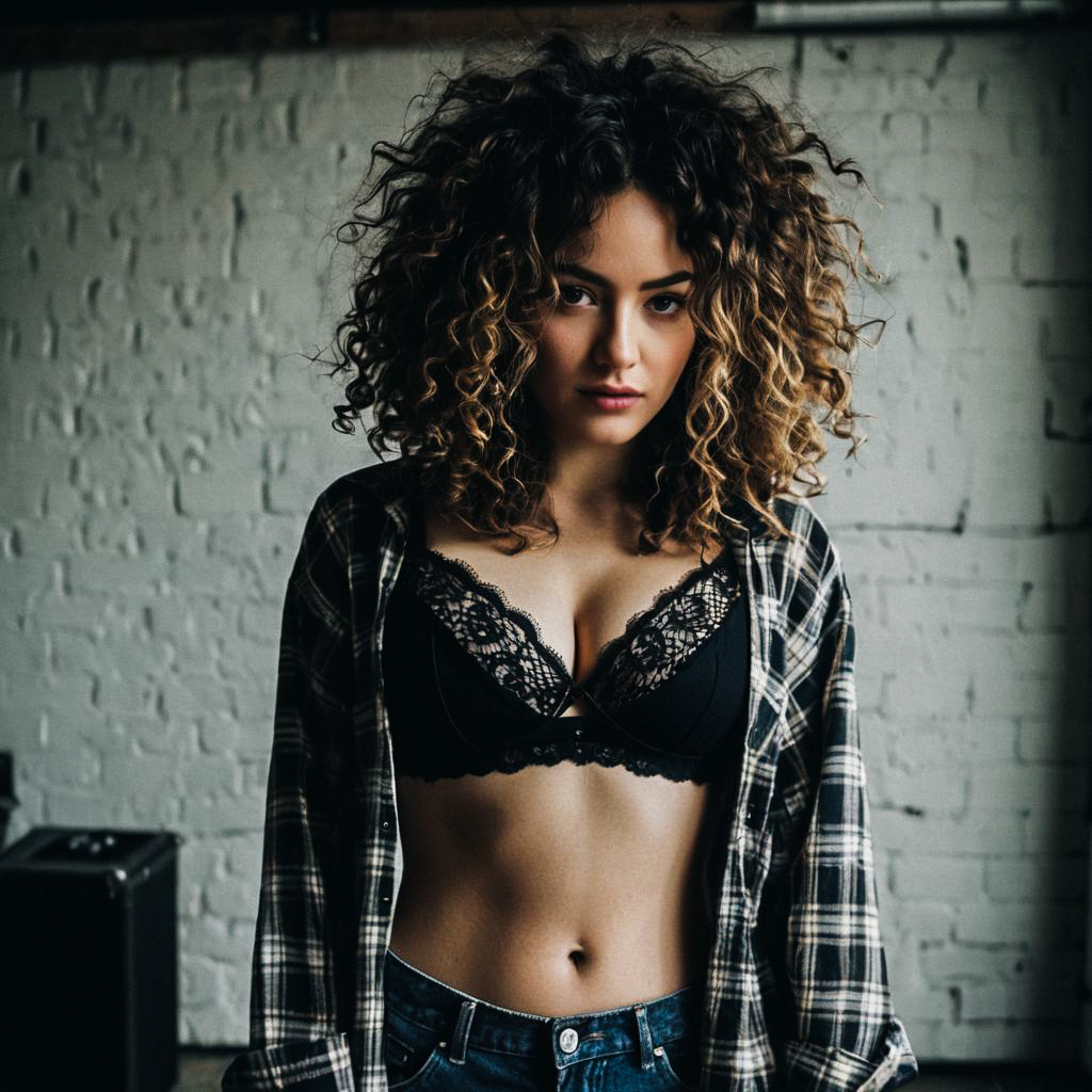 Confident Young Woman in Black Lace Bra and Plaid Shirt