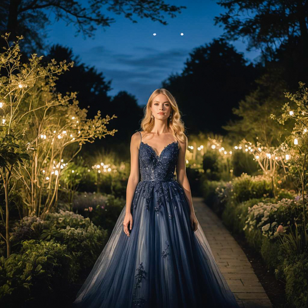 Elegant Woman in Navy Blue Gown at Twilight