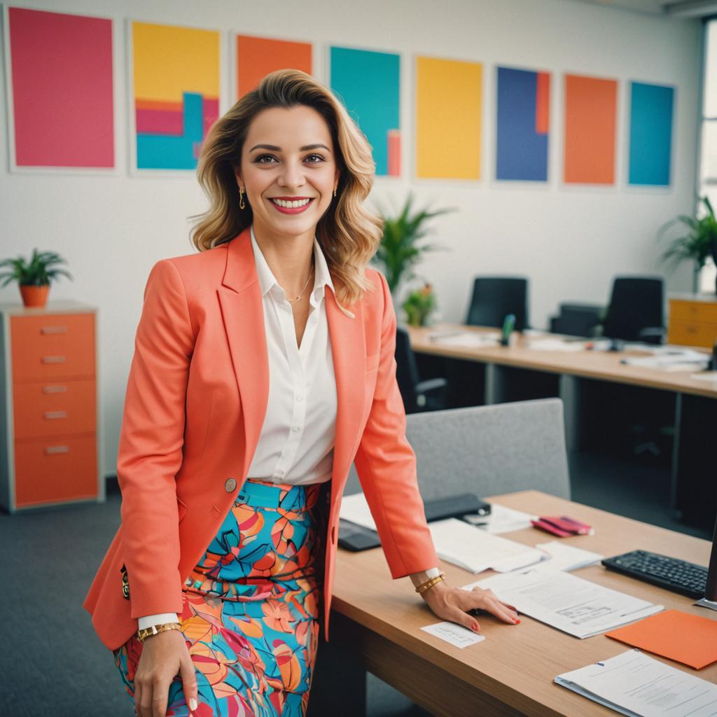 Confident Woman in Coral Blazer in Modern Office