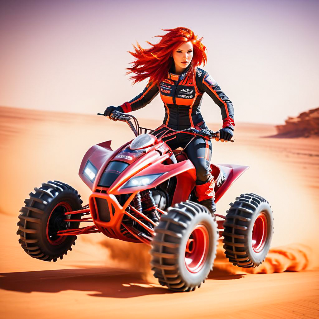 Woman with Red Hair Riding Red ATV in Desert