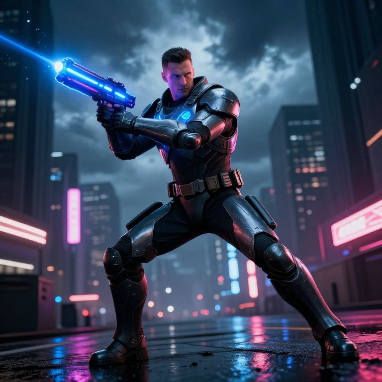 Futuristic Soldier in Advanced Armor with Energy Weapon in Cyberpunk City