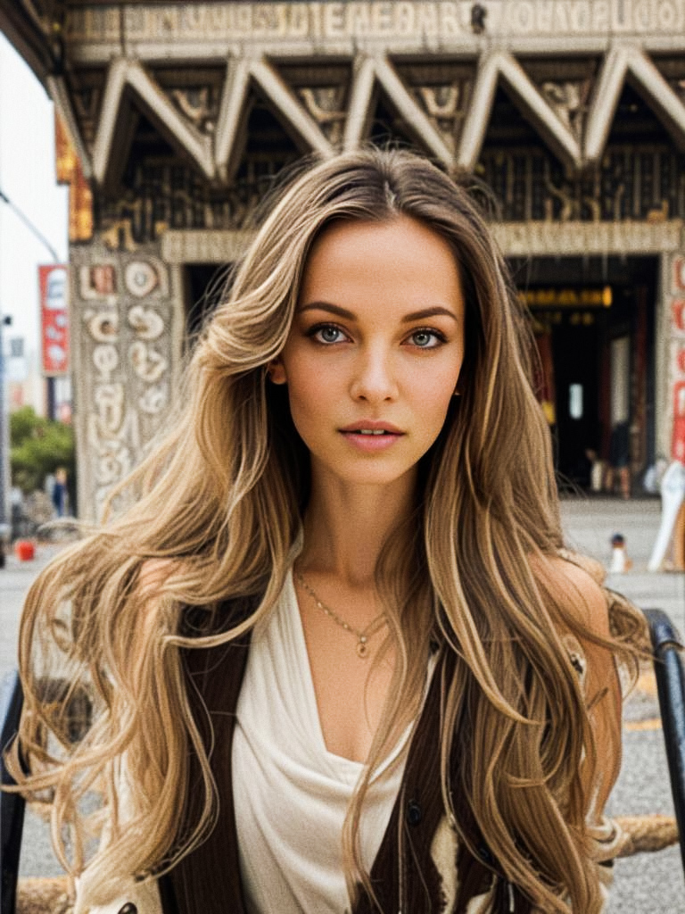 Confident Young Woman at Ornate Building Entrance
