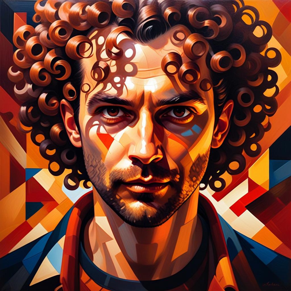 Geometric Cubist Digital Portrait of Man with Curly Hair