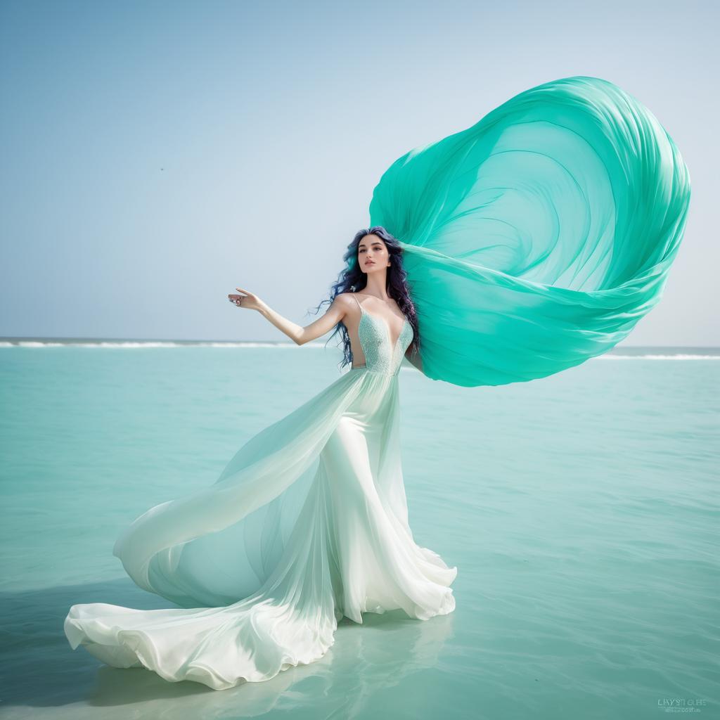 Elegant Woman in Mint Green Dress by the Ocean