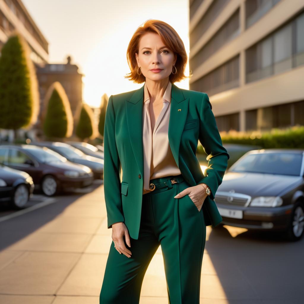 Confident Woman in Green Suit at Sunset